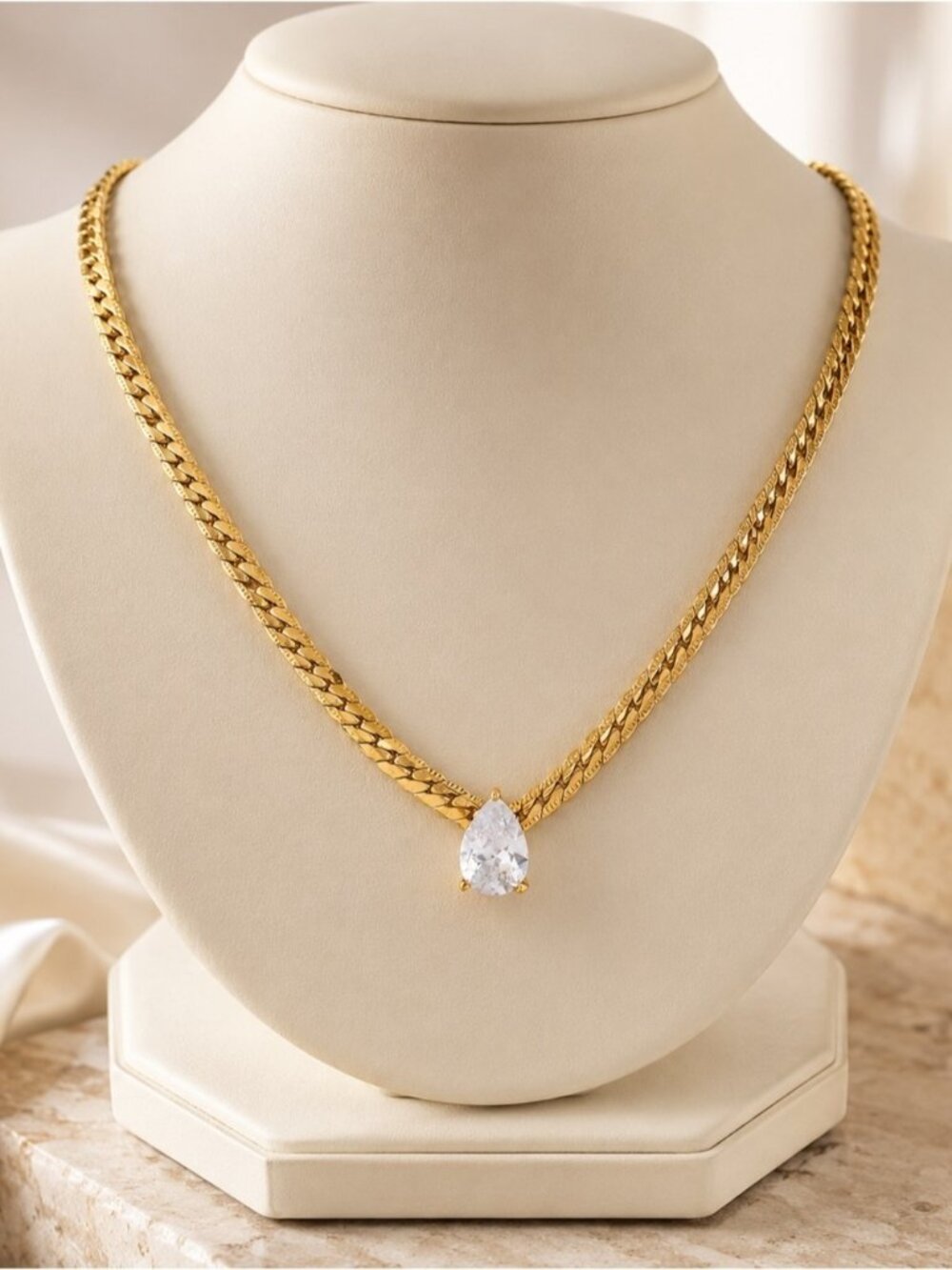 Fashion 18K Gold Plated Bling Cubic Zirconia Stainless Steel Necklace
